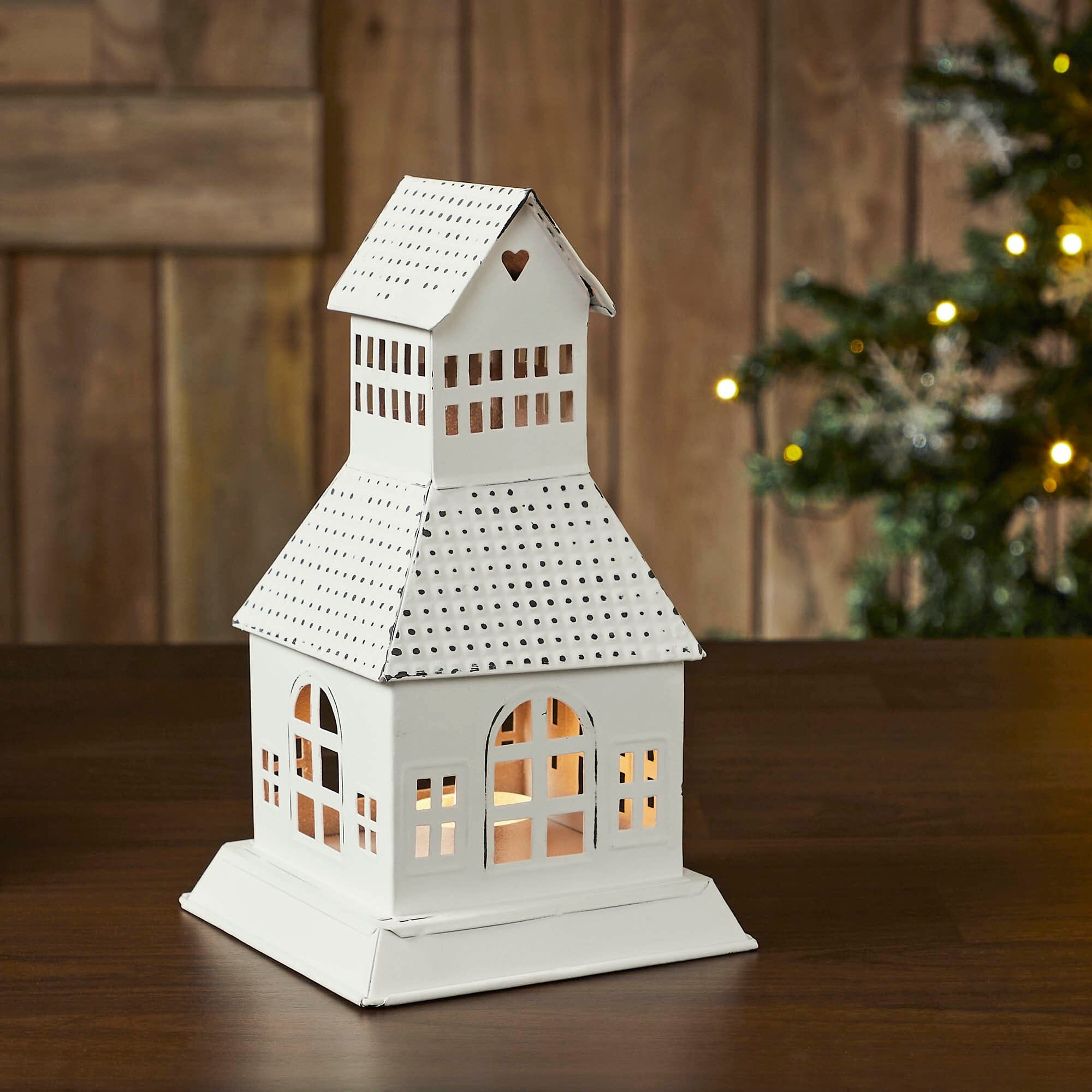 Antique White Metal Tall Tealight Village House - 9.5