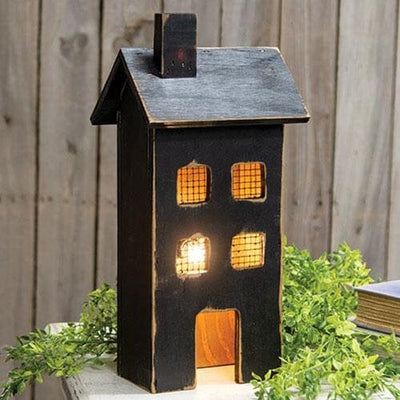 Wooden Saltbox Light Up House - Medium in Distressed Black - Primitive Star Quilt Shop