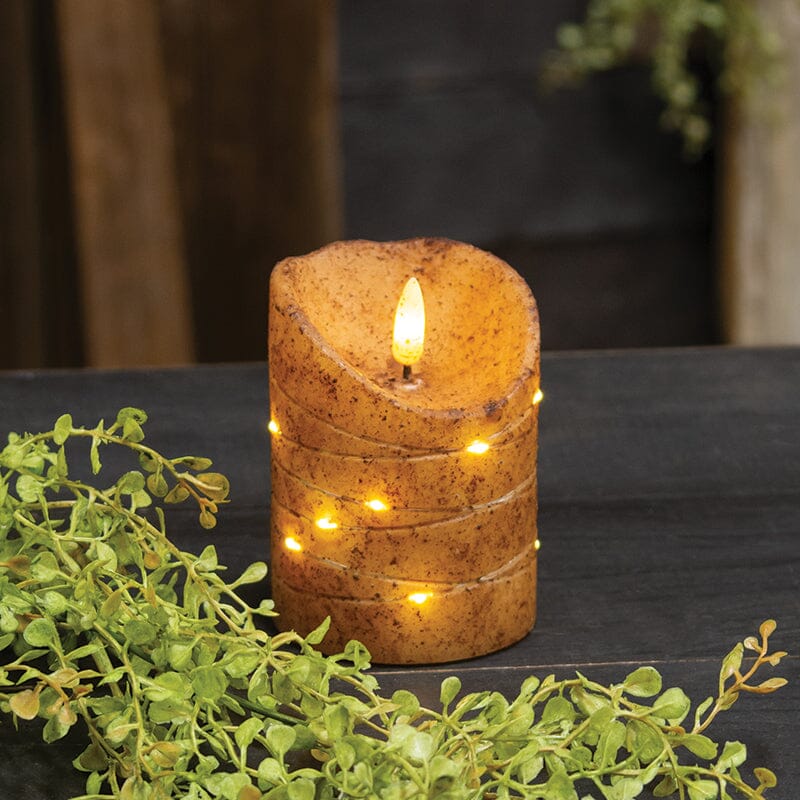 Burnt Ivory LED Wrapped Flicker Flame Timer Pillar Candle