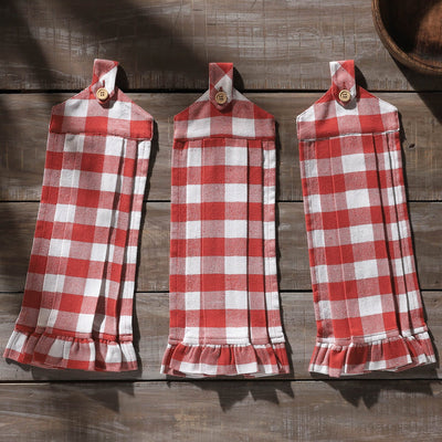 Annie Red Buffalo Check Button Loop Tea Towels - Set of 3 - Primitive Star Quilt Shop