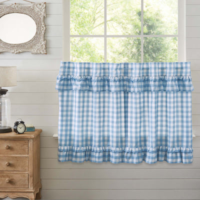 Annie Blue Buffalo Check Ruffled Lined Tier Curtains 36" - Primitive Star Quilt Shop
