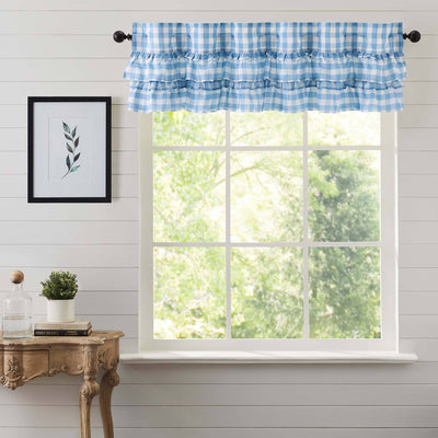 Annie Blue Buffalo Check Ruffled Lined Valance 60" - Primitive Star Quilt Shop