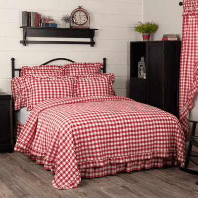 Annie Red Buffalo Check Ruffled Coverlet - California King - Primitive Star Quilt Shop