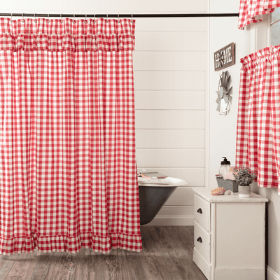 Annie Buffalo Check Red Ruffled Lined Shower Curtain - Primitive Star Quilt Shop
