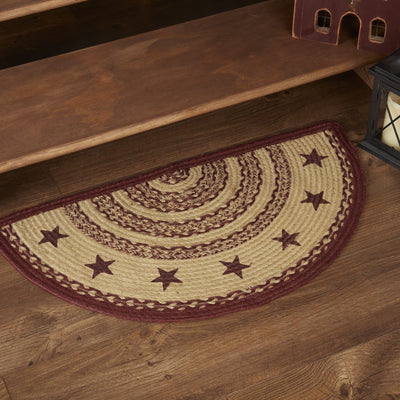 Burgundy and Tan Stencil Star Half Circle Braided Rug 16.5x33" - with pad - Primitive Star Quilt Shop