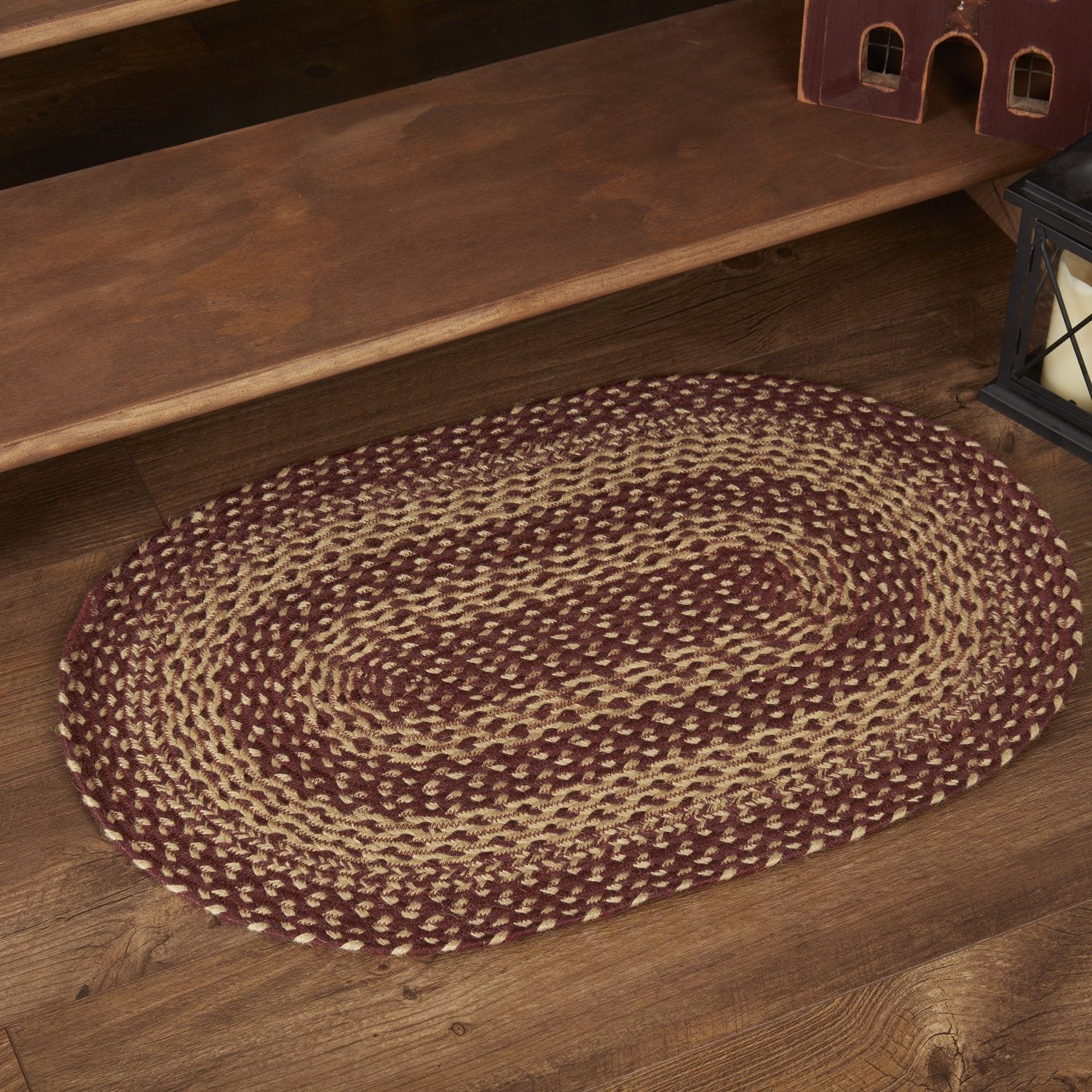 Burgundy and Tan Oval Braided Rug 20x30