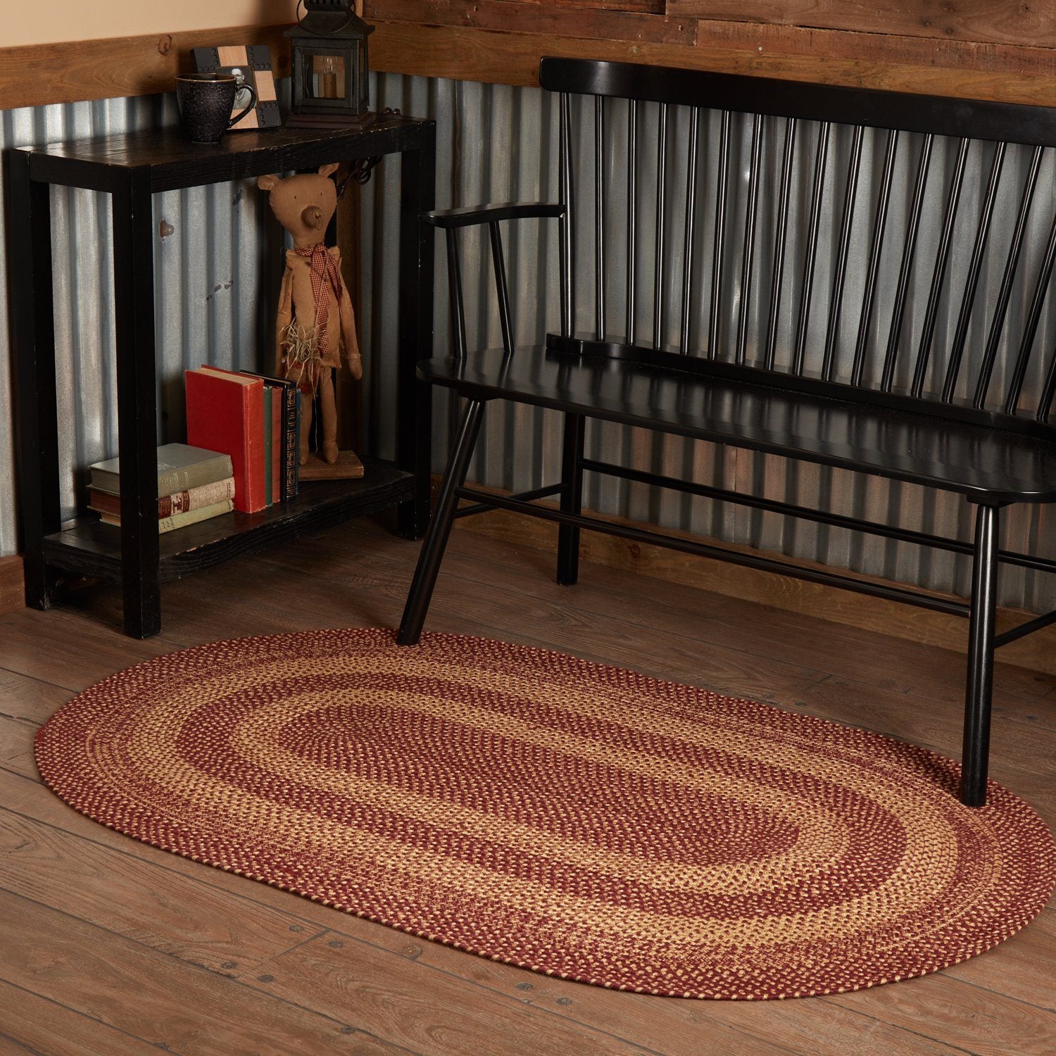Burgundy and Tan Oval Braided Rug 36x60"