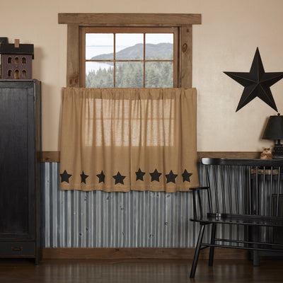 Burlap Natural Black Stencil Star Tier Curtains 36" - Primitive Star Quilt Shop