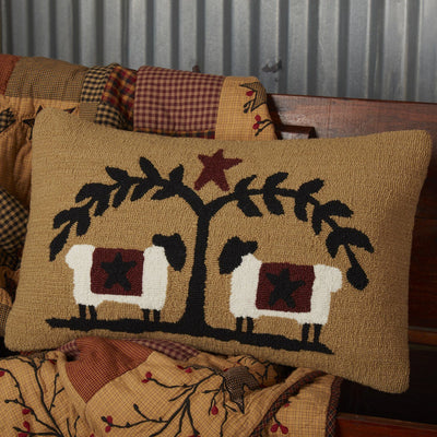 Heritage Farms Sheep and Star Hooked Pillow 14x22" Filled - Primitive Star Quilt Shop