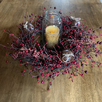 Country Berry Grapevine Mason Jar Candle Centerpiece - Primitive Star Quilt Shop