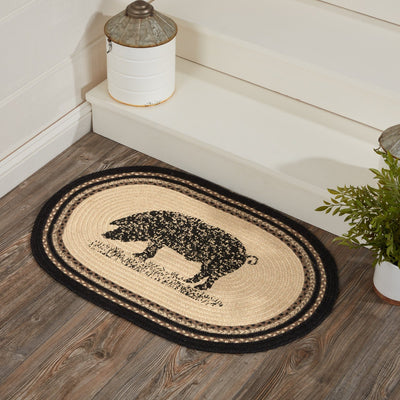 Sawyer Mill Charcoal Pig Oval Braided Rug 20x30" - Primitive Star Quilt Shop