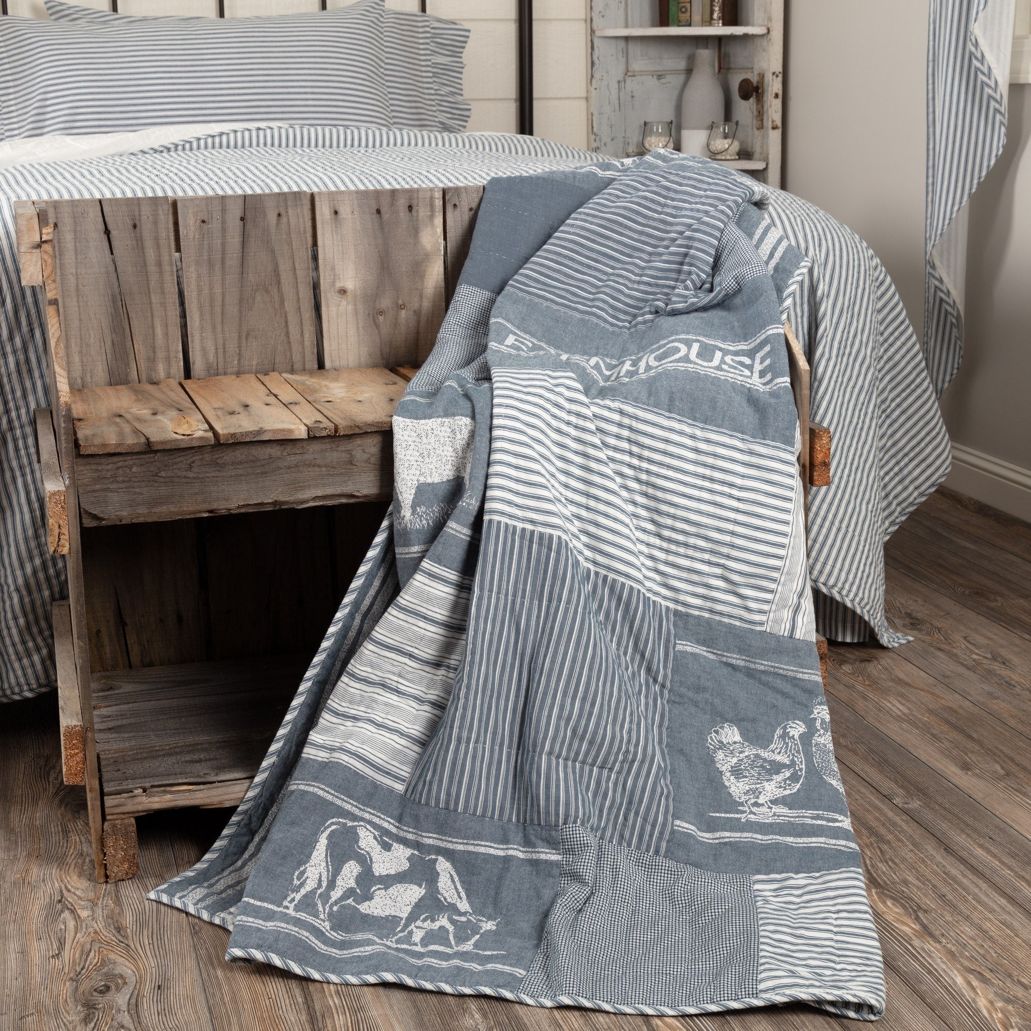 VHC Brands Sawyer Mill Blue Farm Animal Quilted Throw
