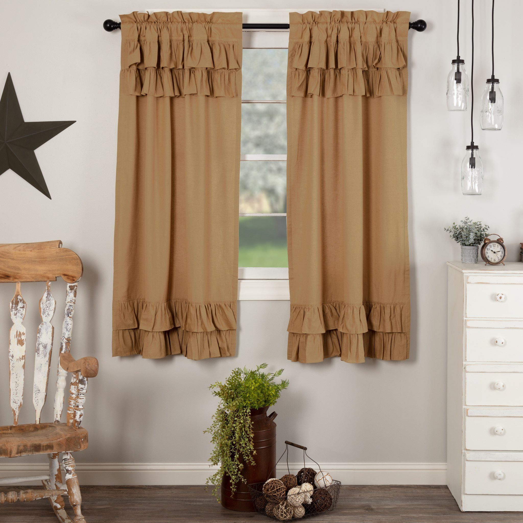 Simple Life Flax Khaki Ruffled Short Panel Curtains 63"