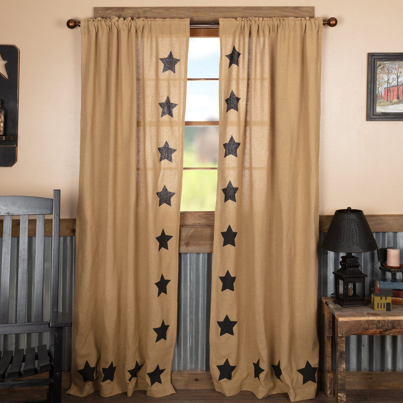 Burlap Natural Black Stencil Star Curtains