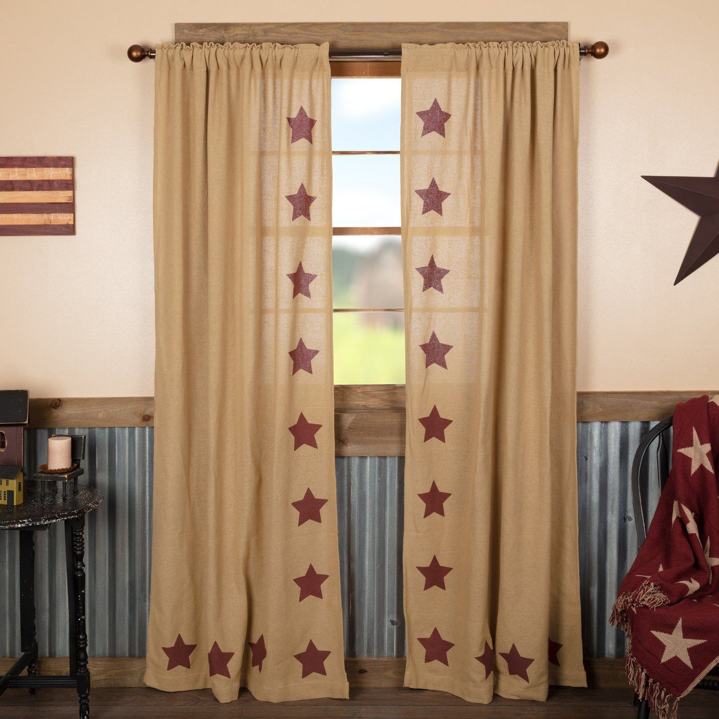 Burlap Natural Burgundy Stencil Star Curtains