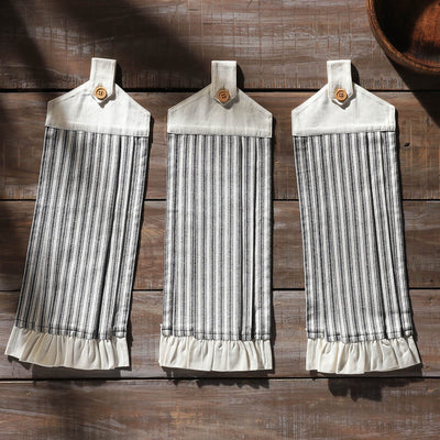 Sawyer Mill Black Ticking Stripe Button Loop Tea Towel - Set of 3 - Primitive Star Quilt Shop