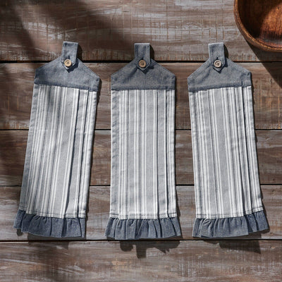 Sawyer Mill Blue Ticking Stripe Button Loop Tea Towel - Set of 3 - Primitive Star Quilt Shop