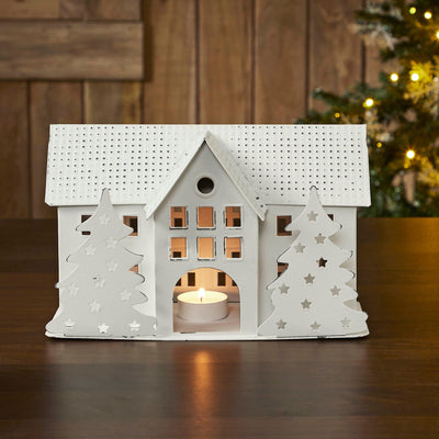 Antique White Metal Tealight Village House with Trees - 6.75" - Primitive Star Quilt Shop