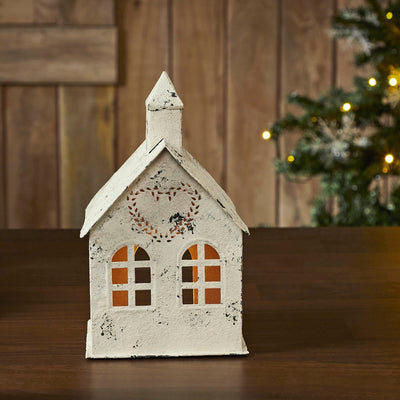 Antique Creme Metal Church Tealight Village House - 9" - Primitive Star Quilt Shop
