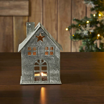 Antique Grey Metal Tealight Village House with Star - 7.5" - Primitive Star Quilt Shop