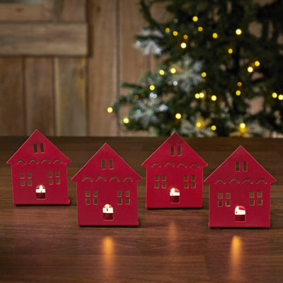 Red Metal House Tealight Holder - Set of 4 - Primitive Star Quilt Shop
