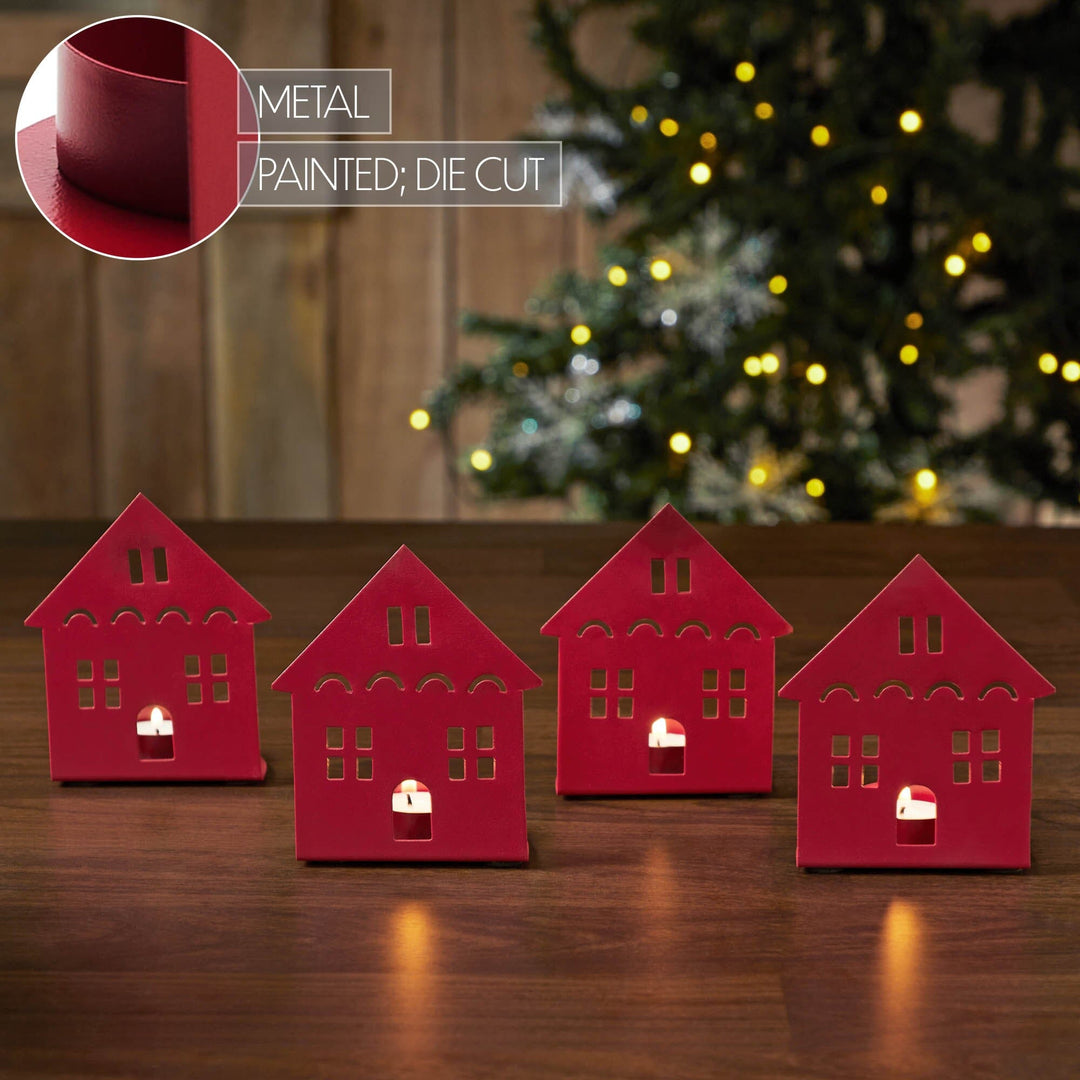 Red Metal House Tealight Holder - Set of 4