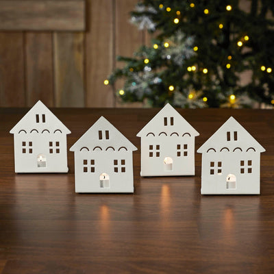 Antique White Metal House Tealight Holder - Set of 4 - Primitive Star Quilt Shop