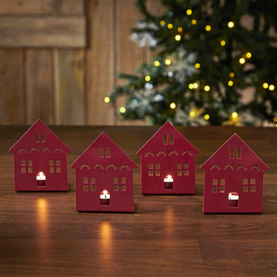 Burgundy Metal House Tealight Holder - Set of 4 - Primitive Star Quilt Shop