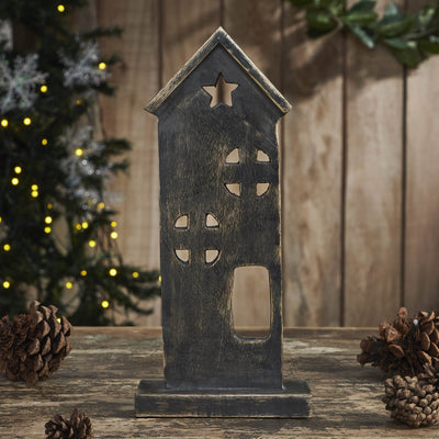 Wooden Charcoal Saltbox House with Stars - 11.5" - Primitive Star Quilt Shop