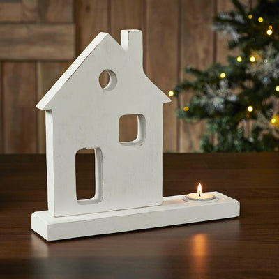 White Wooden House Tealight Holder - 11" - Primitive Star Quilt Shop
