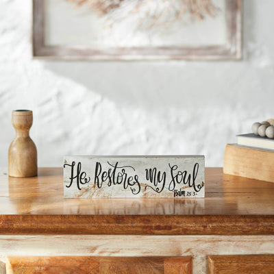 Whitewashed "He Restores My Soul" Wood Sign 3x10" - Primitive Star Quilt Shop