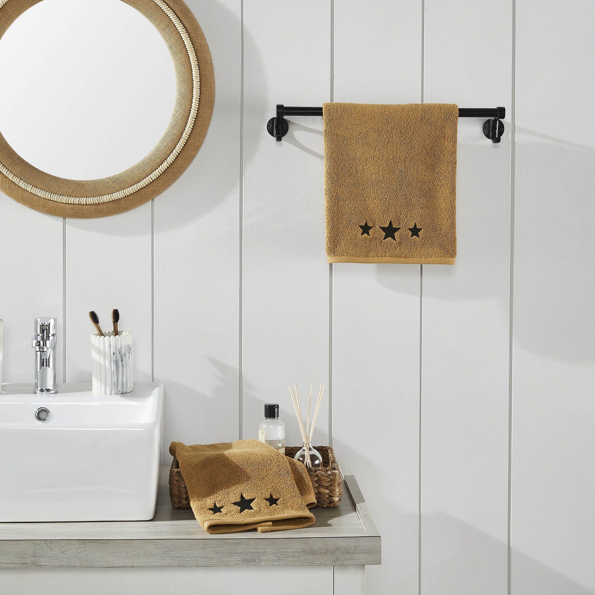 Tan Hand Towel with Black Barn Stars - Set of 2