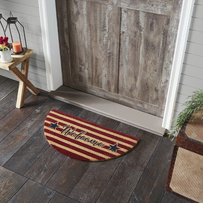 Patriotic Stripes "Welcome" Coir Half Circle Rug 16.5x33" - Primitive Star Quilt Shop