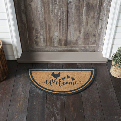 Down Home "Welcome" Hen & Chicks Coir Half Circle Rug 16.5x33" - Primitive Star Quilt Shop