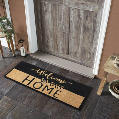 "Welcome to Our Home" Black and Tan Coir Rectangle Rug 17x48" - Primitive Star Quilt Shop