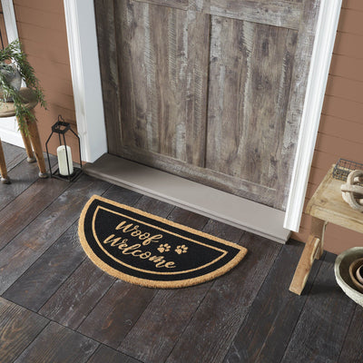 "Woof Welcome" Coir Half Circle Rug 16.5x33" - Primitive Star Quilt Shop