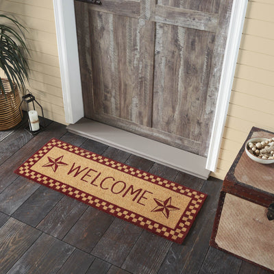 Burgundy Check Stars "Welcome" Coir Rectangle Rug 17x48" - Primitive Star Quilt Shop