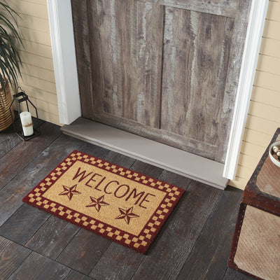 Burgundy Check Stars "Welcome" Coir Rectangle Rug 20x30" - Primitive Star Quilt Shop