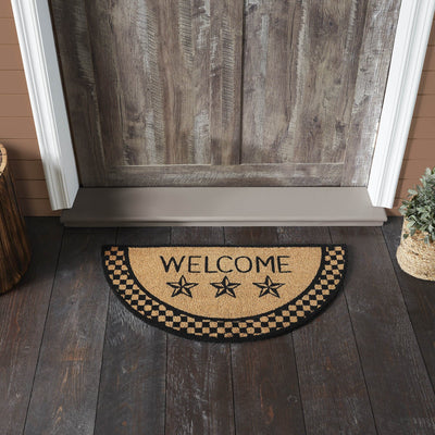 Black Check Stars "Welcome" Coir Half Circle Rug 16.5x33" - Primitive Star Quilt Shop