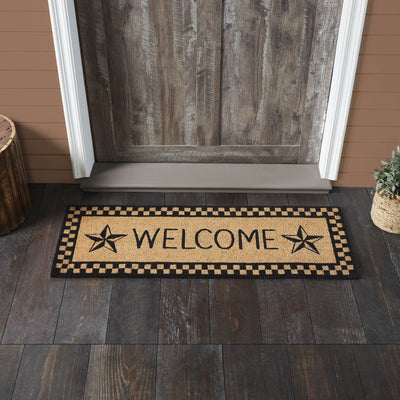 Black Check Stars "Welcome" Coir Rectangle Rug 17x48" - Primitive Star Quilt Shop