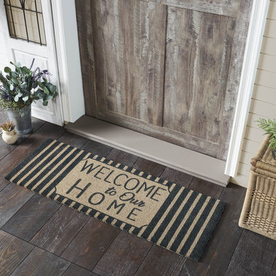 "Welcome to Our Home" Charcoal Striped Coir Rectangle Rug 17x48" - Primitive Star Quilt Shop