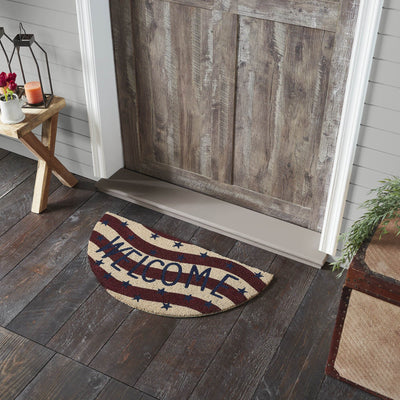 RWB Flag Stripes "Welcome" Coir Half Circle Rug 16.5x33" - Primitive Star Quilt Shop