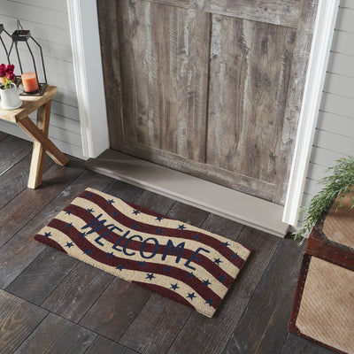 RWB Flag Stripes "Welcome" Coir Rectangle Rug 17x36" - Primitive Star Quilt Shop