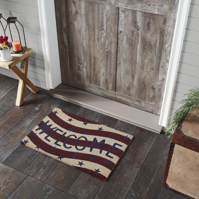 RWB Flag Stripes "Welcome" Coir Rectangle Rug 20x30" - Primitive Star Quilt Shop