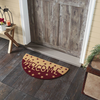 Burgundy and Tan Stars "Welcome" Coir Half Circle Rug 16.5x33" - Primitive Star Quilt Shop