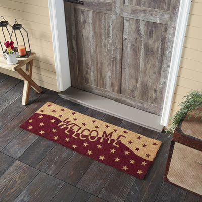 Burgundy and Tan Stars "Welcome" Coir Rectangle Rug 17x48" - Primitive Star Quilt Shop