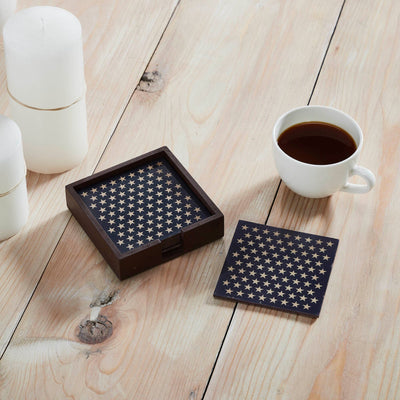 Navy & Star Coasters with Container - Set of 6 - Primitive Star Quilt Shop