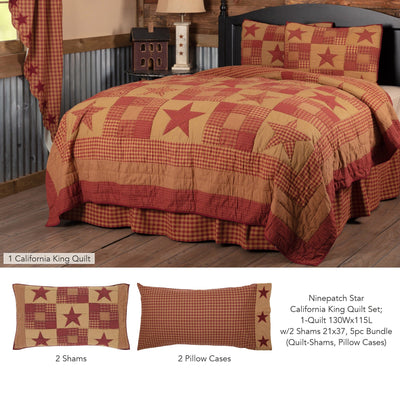 Ninepatch Star California King Quilt Set; 1-Quilt w/2 Shams 5pc Bundle (Quilt-Shams, Pillow Cases) - Primitive Star Quilt Shop