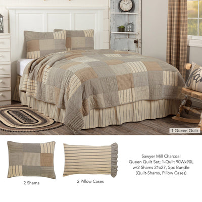 Sawyer Mill Charcoal Queen Quilt Set; 1-Quilt w/2 Shams 5pc Bundle (Quilt-Shams, Pillow Cases) - Primitive Star Quilt Shop