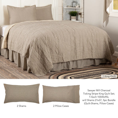 Sawyer Mill Charcoal Ticking Stripe King Quilt Set; 1-Quilt w/2 Shams 5pc Bundle (Quilt-Shams, Pillow Cases) - Primitive Star Quilt Shop